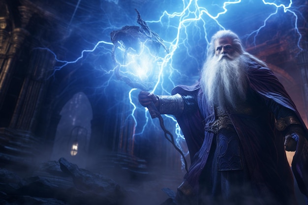 A wise old mage conjuring a mystical storm amidst 00546 02