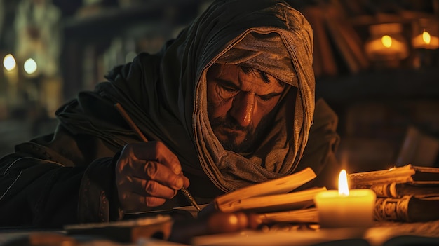 Photo a wise old man wearing a brown robe sits at a wooden table and writes in a book