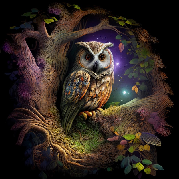 a wise old owl character at night