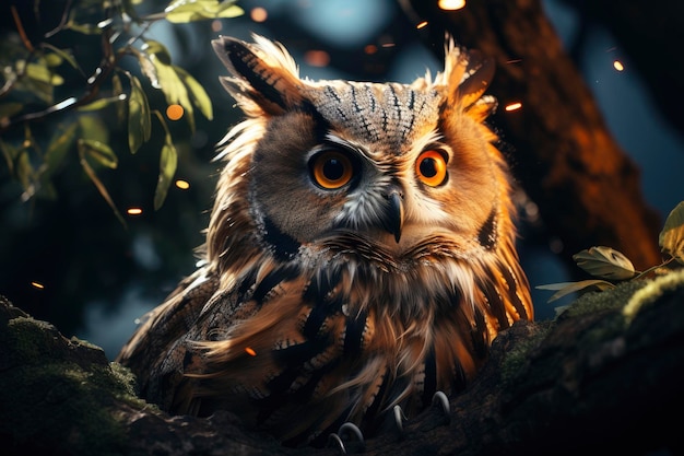A wise old owl perched high in a tree its keen eyes focused on the night
