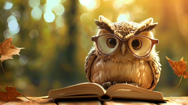 Photo a wise old owl sits on a tree branch reading a book the owl is wearing glasses and has a very serious expression on its face