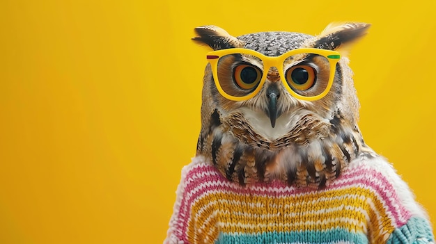 A wise old owl wearing glasses and a colorful sweater is looking at the camera with a curious expression