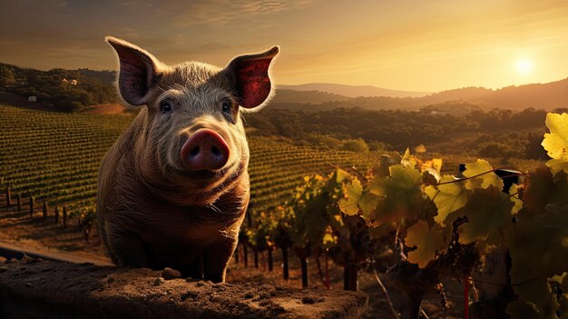 A wise old pig overseeing a tranquil vineyard at sunset