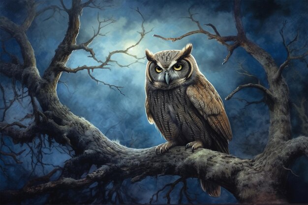 a wise owl hooting in the moonlight