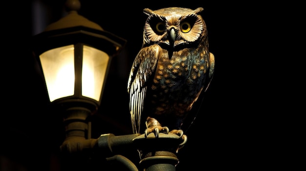 Wise Owl in the Night GreatHorned Owl Lurking in the Shadows Black Background in Wide Landscape