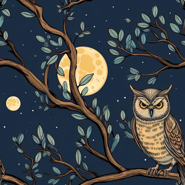 Wise owl perched on a branch under a full moon