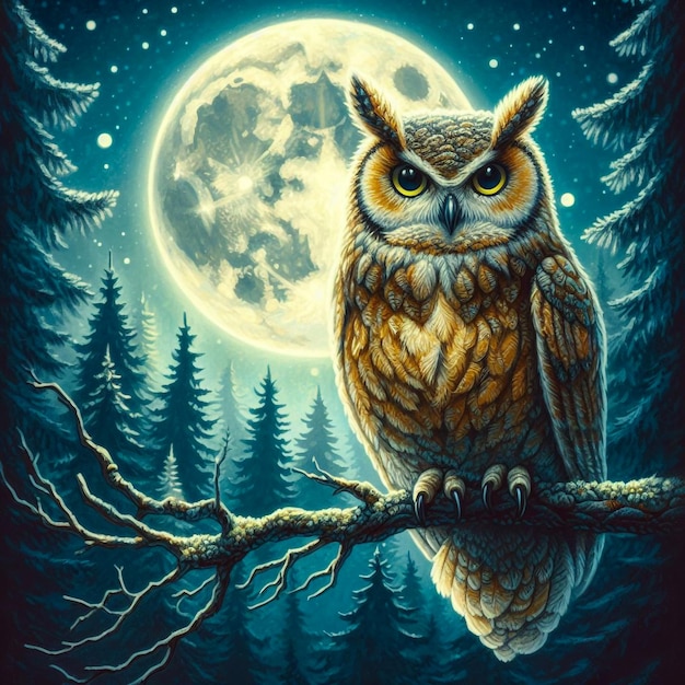 A wise owl perched on a moonlit branch observing the forest below