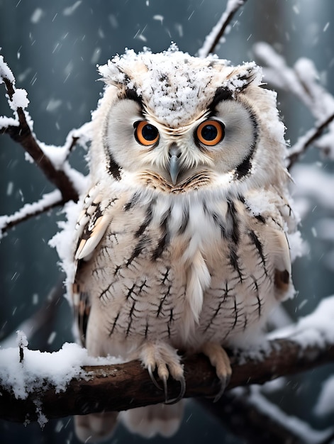 A Wise Owl Perched on a Snowy Branch in a Winter Forest Mono Hyper Realistic Illustration Photo Art