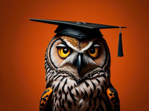 オレンジ色の背景に卒業帽をかぶった賢いフクロウ ai 生成
