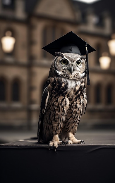 A wise owl wearing a graduation cap sits on a bench in front of a university building.