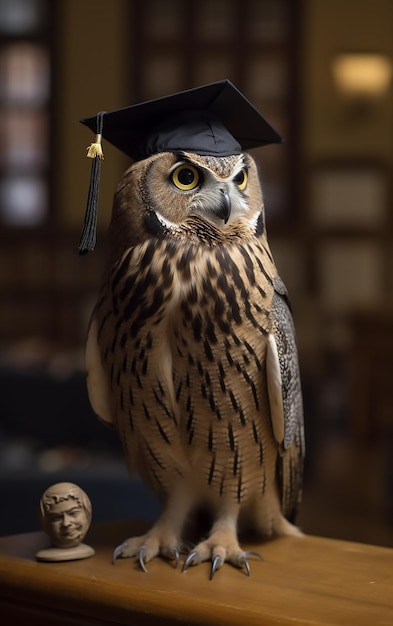 A wise owl wearing a graduation cap sits on a table.