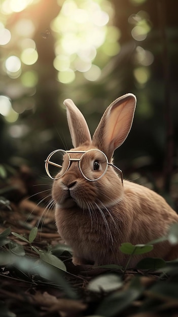 Photo wise rabbit with glasses in the forest