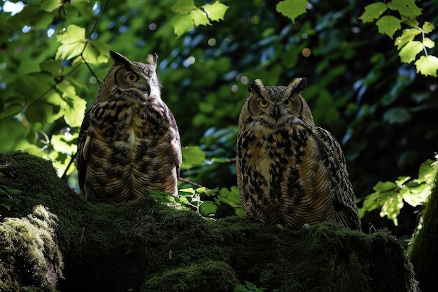 Wise and regal owls in a dense woodland