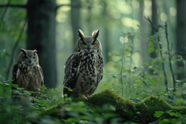 Wise and regal owls in a dense woodland