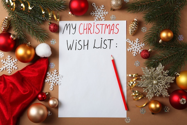 Wish list for christmas and new year and christmas decor top\
view