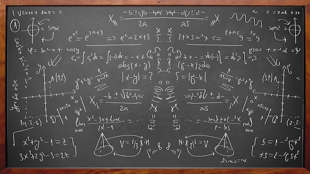 Foto wiskundige natuurkunde formules op bord met houten frame