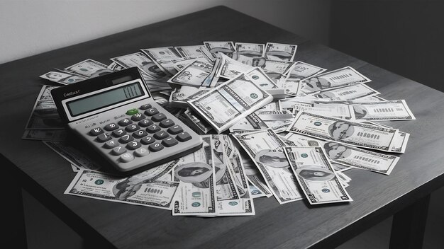 Wiskunstmachine met papieren geld op tafel