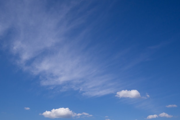 A wispy clouds in a brilliant blue sky. Beautiful clear cloudy in sunlight spring season. Meteorology, heaven, peace, graphic resources