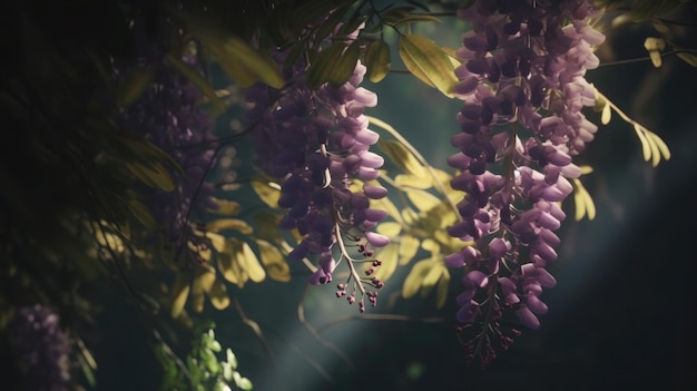 A wisteria flower hangs from a branch.