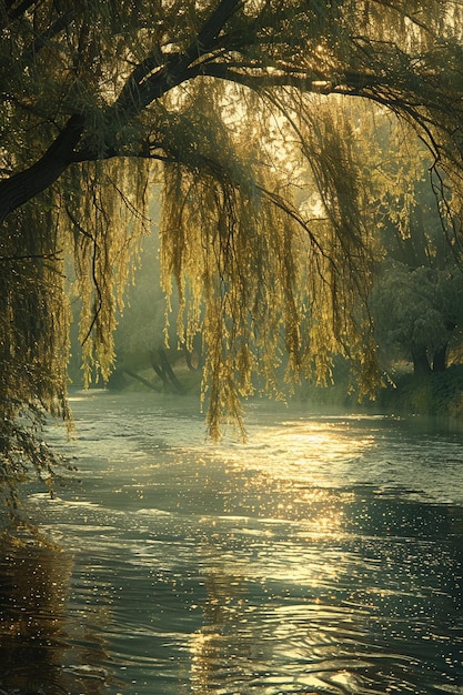 Photo wistful willow weeping by a sleepy river bend the leaves blur with the current