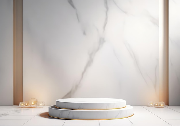 Wit 3D-podium met marmeren textuur en gouden elementen Leeg podium of voetstuk mockup verlicht met spotlights Podium of platform voor prijsuitreiking en productpresentatie AI Generatief