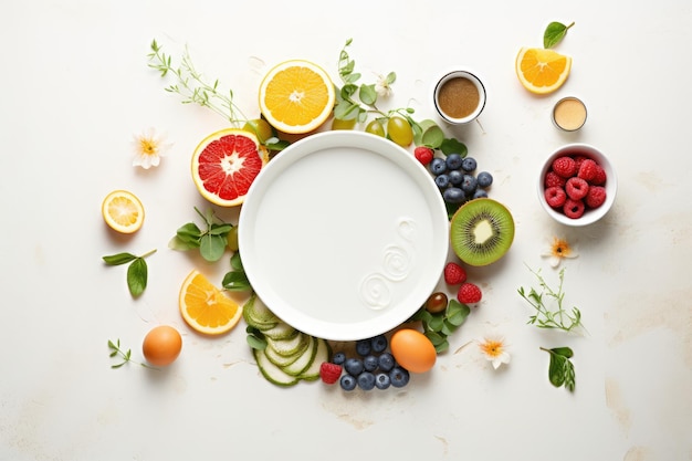 wit bord met gezond voedsel fruit en bessen op een witte achtergrond bovenkant vrije ruimte ai generatief