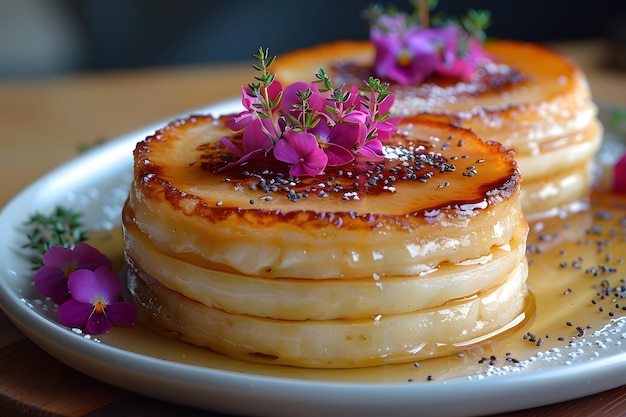 Wit bord met pannenkoeken bedekt met siroop