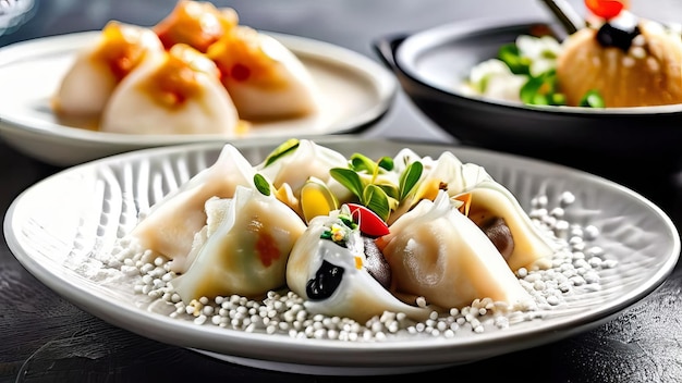 Foto wit bord vol met traditionele chinese snacks dumplings taarten sushi kaviaar groenten kruiden