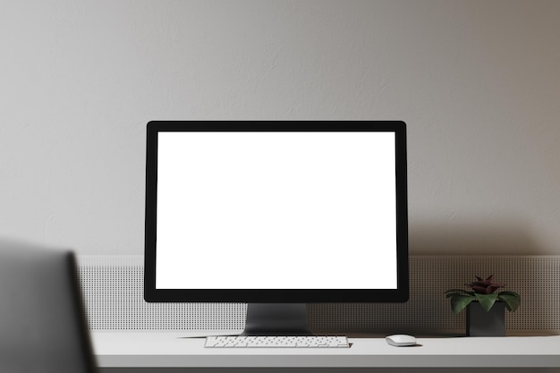 Wit computerscherm op een houten kantoortafel bij een witte muur. Begrip reclame. 3D-rendering mock-up