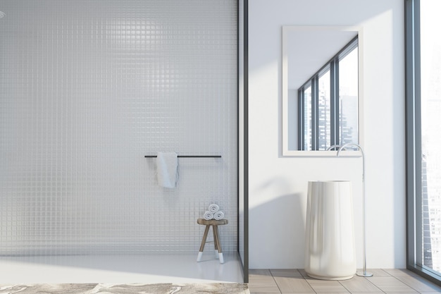 Wit en betegeld badkamerinterieur met een panoramisch raam, een witte en marmeren vloer en een ronde wastafel. 3D-rendering mock-up