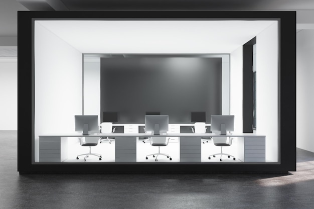 Wit en glazen futuristisch kantoorinterieur met een betonnen vloer en witte tafels met computers erop. Een enorm tv-scherm aan de muur. 3D-rendering mock-up