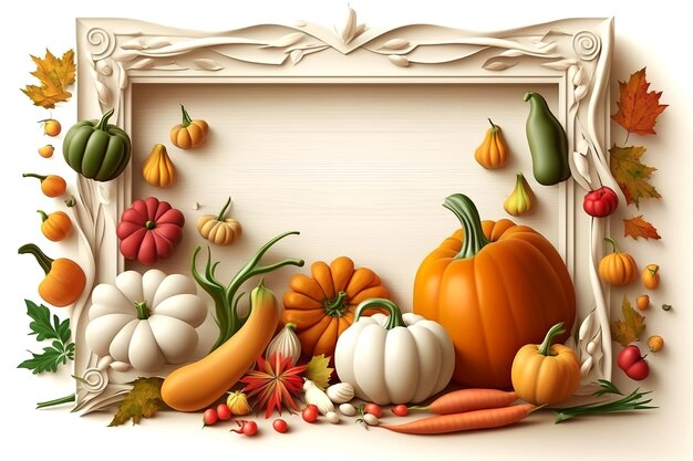 Wit frame met herfstoogst of Thanksgiving-dagpompoenen vallen bladeren en vruchten generatieve ai