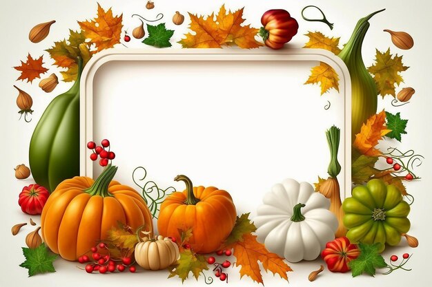 Wit frame met herfstoogst of Thanksgiving-dagpompoenen vallen bladeren en vruchten generatieve ai