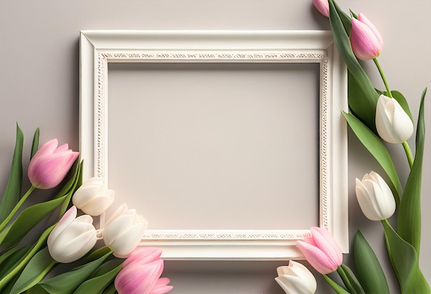 Wit frame met roze tulpen op grijze achtergrond Kopieer ruimte generatieve ai