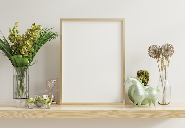 Wit frame met verticale gouden metalen frame op de plank. 3d-rendering