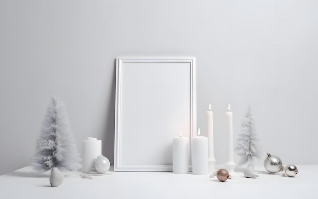 Wit frame met witte kerstversieringen op een witte achtergrond.