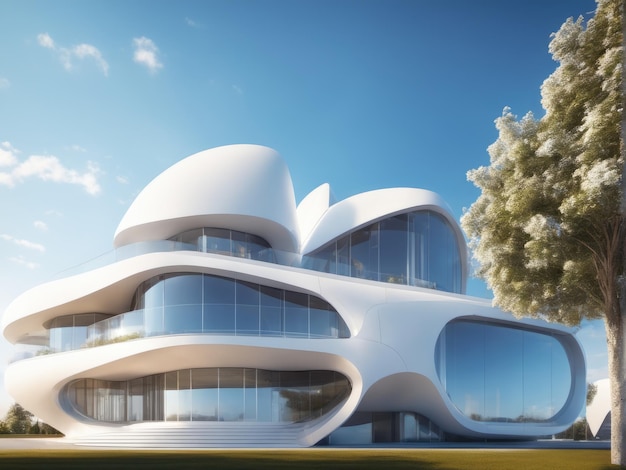 Wit futuristisch gebouw tegen de blauwe lucht en witte wolken Moderne architectuur