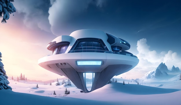 Wit futuristisch huis op een besneeuwde plek Generatieve AI