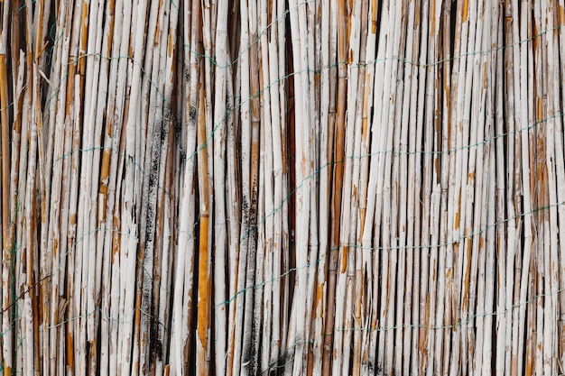 Wit geschilderde bamboe hek. Close-up van bamboetextuur. Houten achtergrond van natuurlijke materialen.