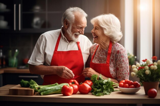 Wit getrouwd senior volwassen koppel koken in de keuken