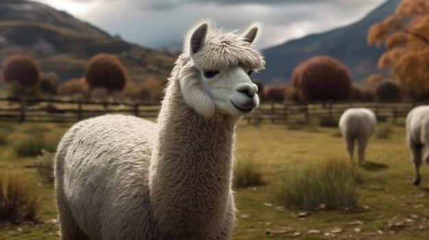 Wit gevlekte lama in een groen veld op een boerderij