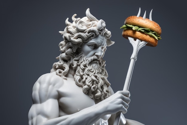 Wit Grieks standbeeld van Poseidon met een grote hamburger op een drietand