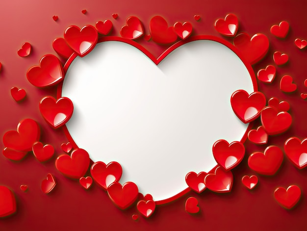 Wit hart geïsoleerd op rode achtergrond met kleinere rode harten met kopieerruimte voor Valentijnsdag