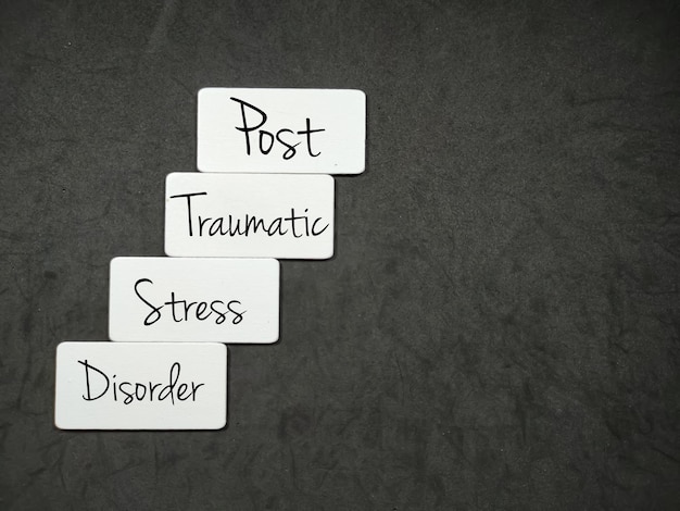 Wit houten bord met de letters ptsd en de woorden Posttraumatische stressstoornis