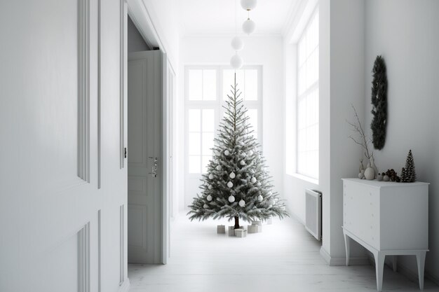 Wit interieur met een witte kerstboom en een achtergrond van een lege witte muur