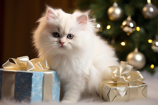 Wit katje op een kerstcadeau