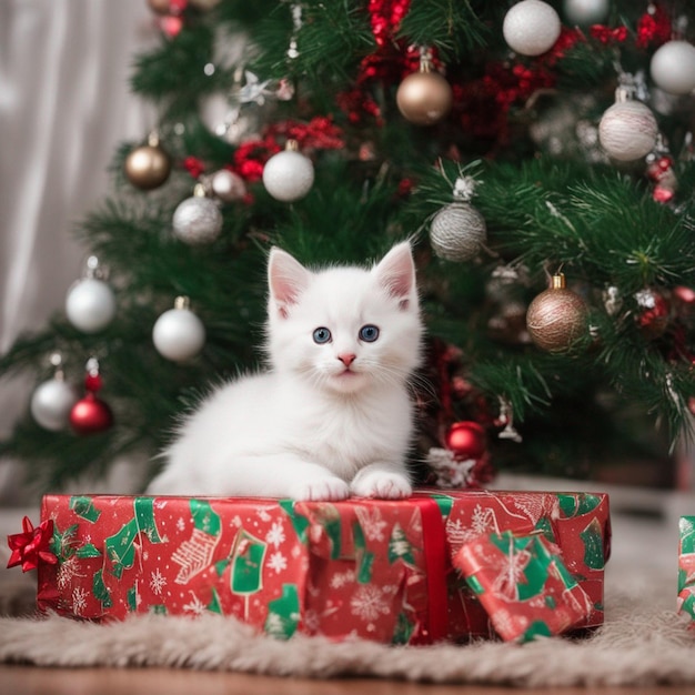 wit kitten op een kerstcadeau