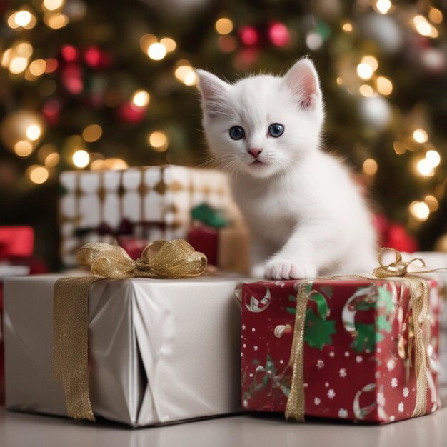 wit kitten op een kerstcadeau