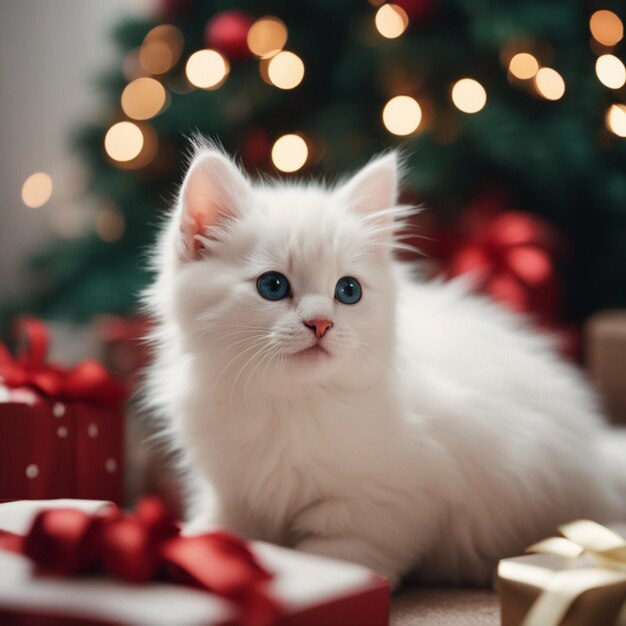 wit kitten op een kerstcadeau