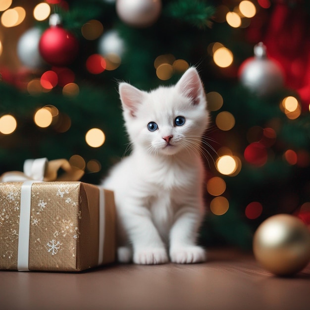 wit kitten op een kerstcadeau